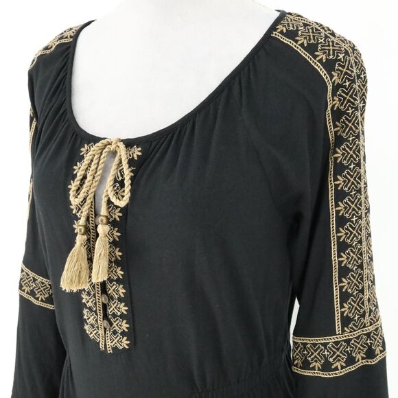 J Jill Dress Womens XS Black Gold Embroidered Stretch Knit Tie Neck Bohemian - Picture 8 of 13